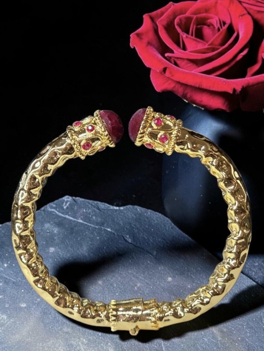 Chunky 18k Gold Plated Turkish Artisan Hammered Genuine Ruby Byzantine Bracelet